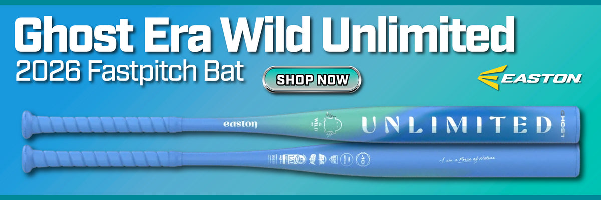 A promotional banner for the Easton Ghost Era Wild Unlimited 2026 Fastpitch Bat, showing two blue bats against a teal gradient background with white and yellow text and a 'SHOP NOW' button.